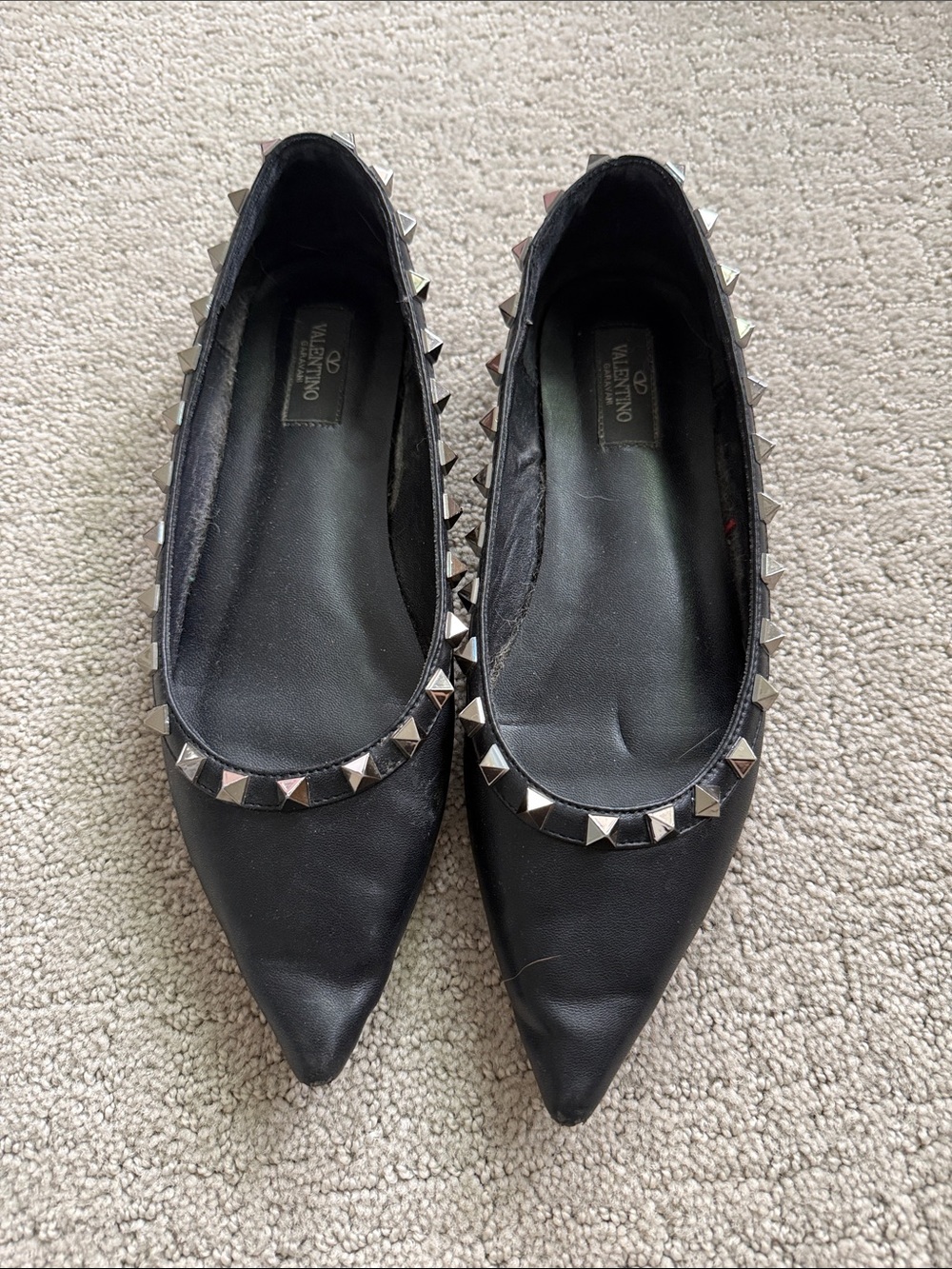 Valentino Black Leather Pointed Studded Ballet Flats